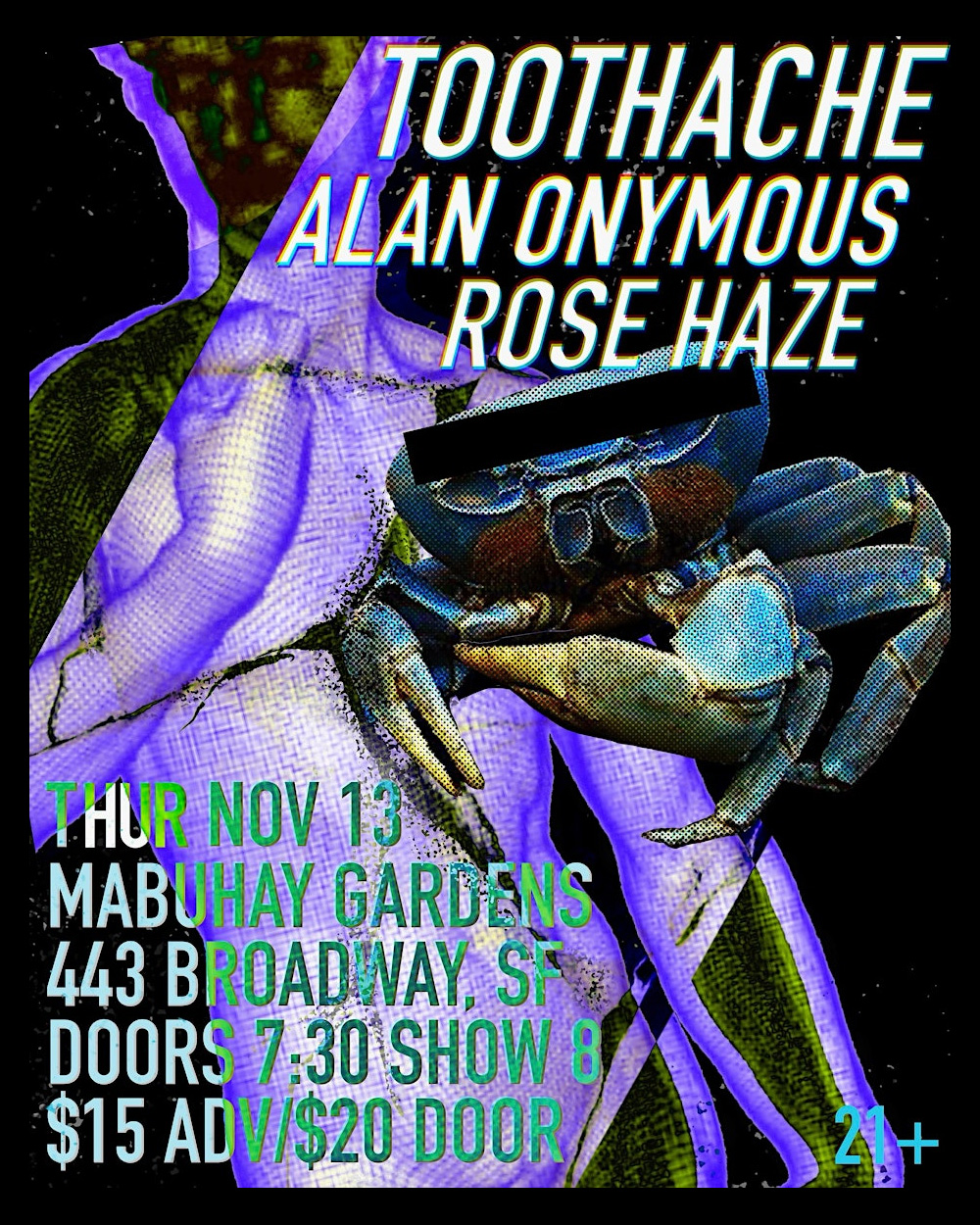 The re-opened legendary venue Mabuhay Gardens hosts Toothache, Alan Onymous and Rose Haze. Visuals by Ana Pang
Antiterra presents&hellip;

Toothache is bringing indie sleaze back with high energy percussion-forward songs you can shout along to.